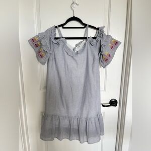 Skies Are Blue Embroidered Off Shoulder Striped Cotton Fully Lined Midi Dress S